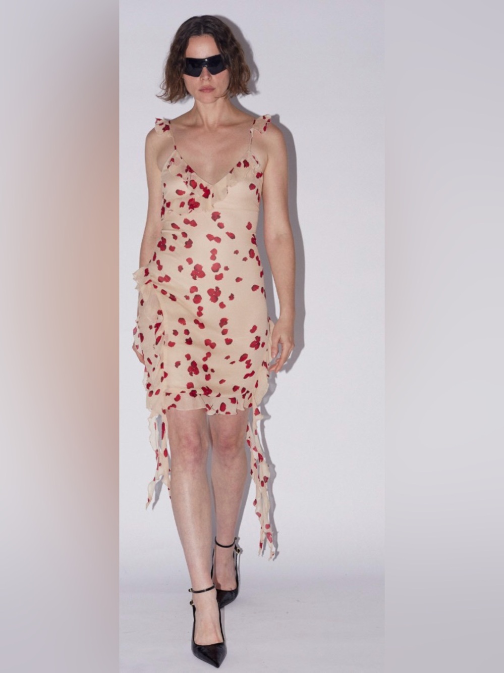 SAEMDI Ruffled Chiffon Mini Dress Nude Rose Petal Floral 2X Lined Sleeveless